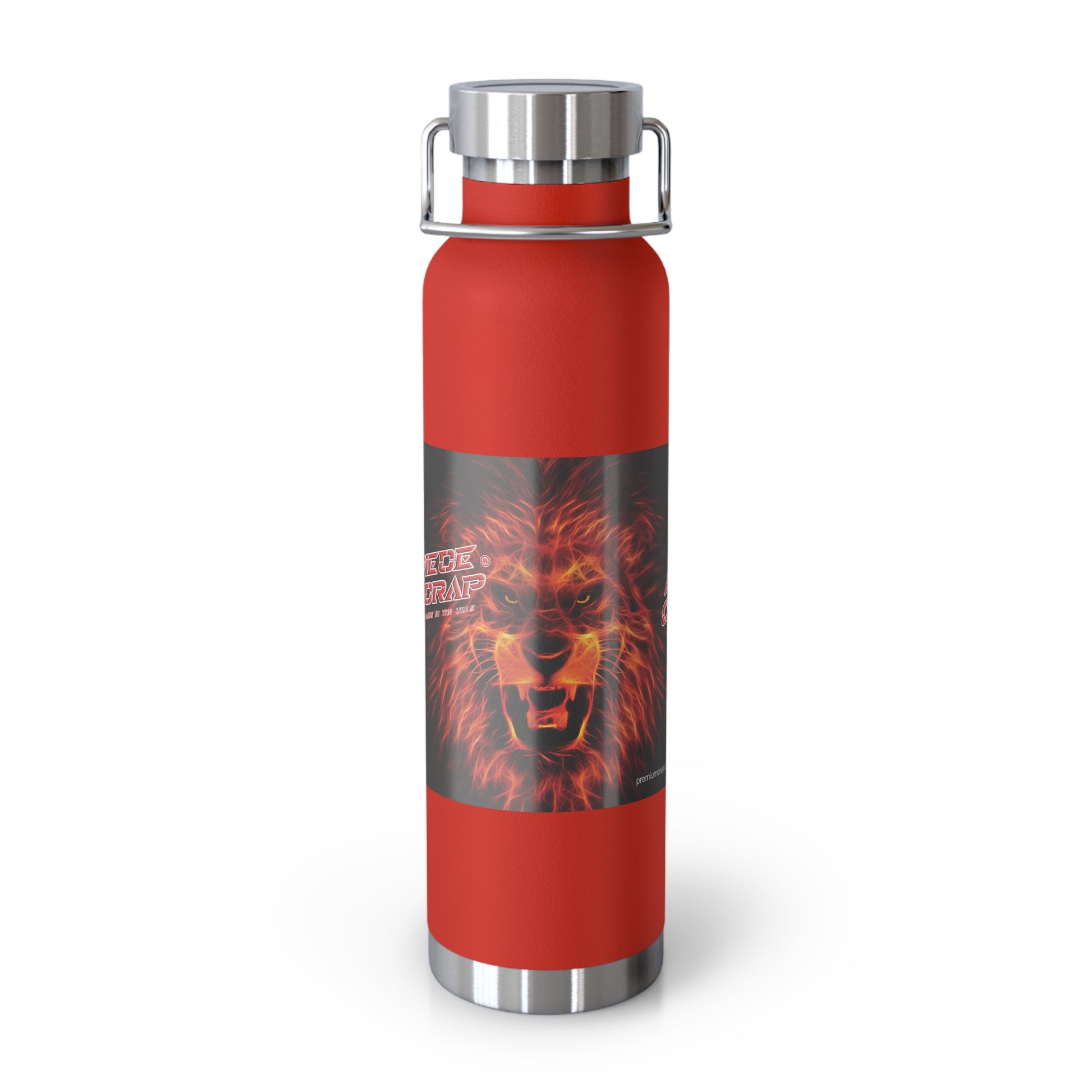Red water bottle with a lion graphic on a white background