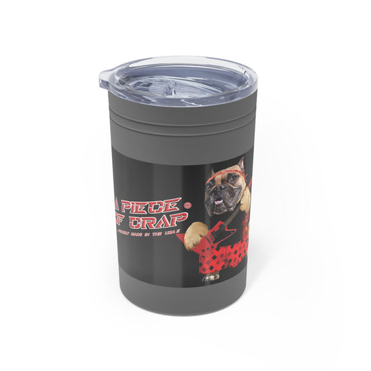 Gray tumbler with a dog graphic and text on a white background