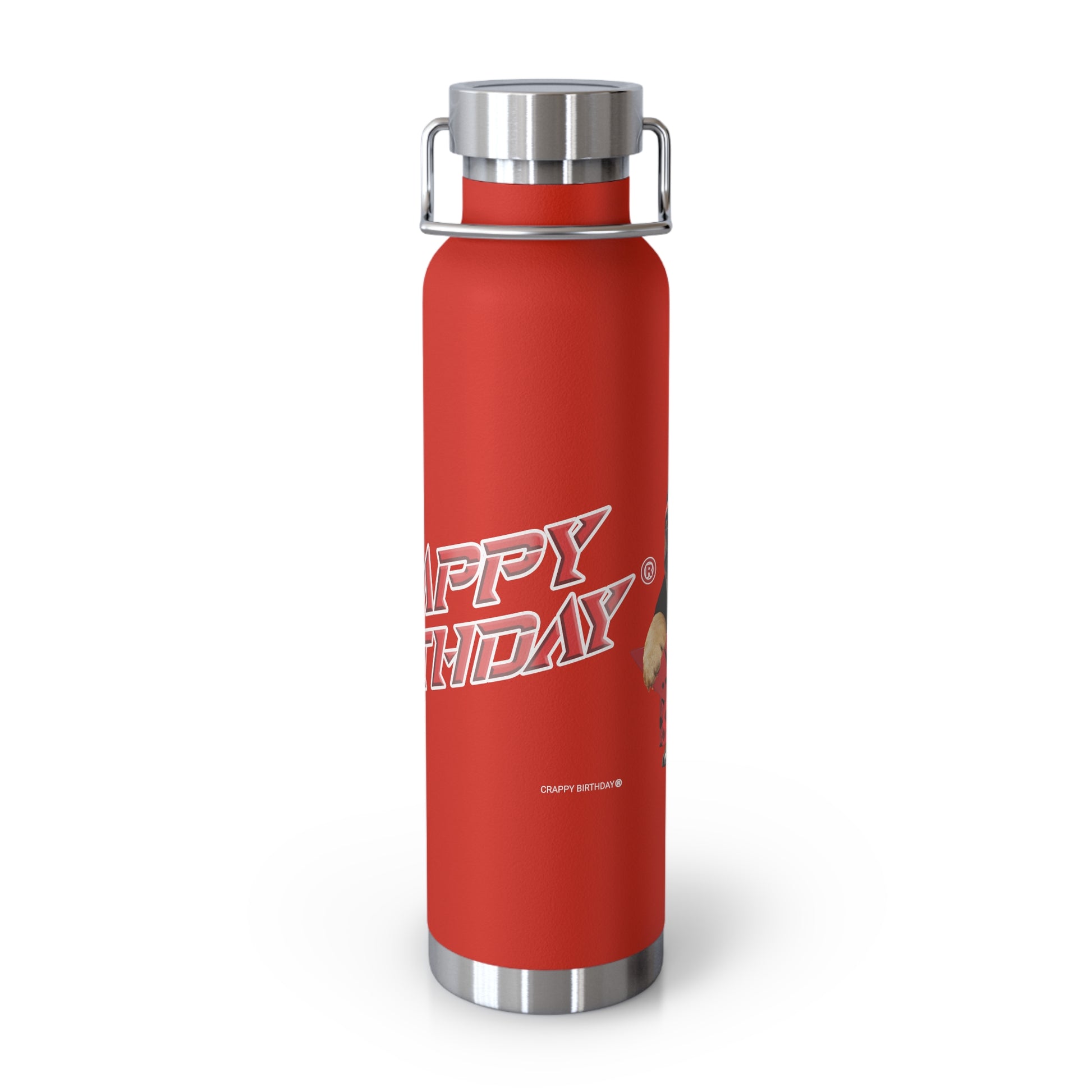 Red water bottle with 'Crappy Birthday' text on a white background