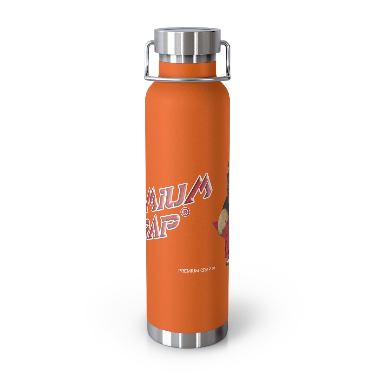 Orange water bottle with silver cap on a white background
