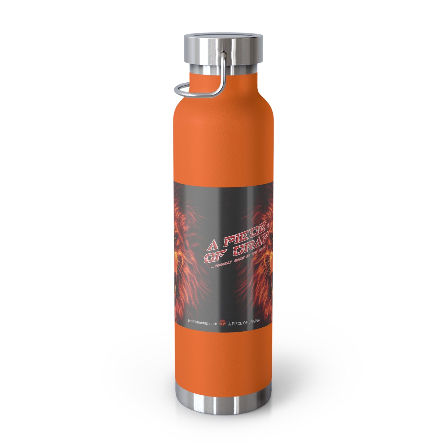 An orange insulated water bottle with a dark gray wrap label featuring red and white flame graphics and the text 'A Piece of Crap'. The bottle has a silver stainless steel cap and base, and a small metal loop on the side, shown on a clean white background.
