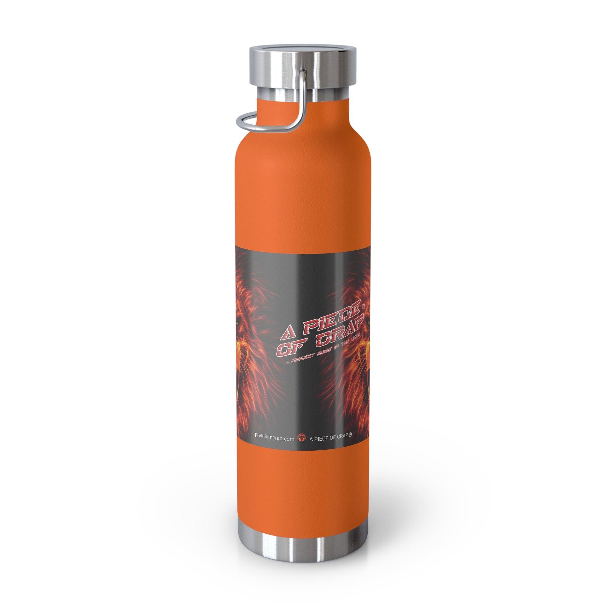 An orange insulated water bottle with a dark gray wrap label featuring red and white flame graphics and the text 'A Piece of Crap'. The bottle has a silver stainless steel cap and base, and a small metal loop on the side, shown on a clean white background.