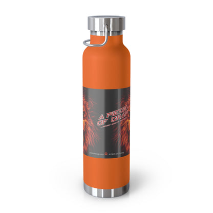 An orange insulated water bottle with a dark gray wrap label featuring red and white flame graphics and the text 'A Piece of Crap'. The bottle has a silver stainless steel cap and base, and a small metal loop on the side, shown on a clean white background.