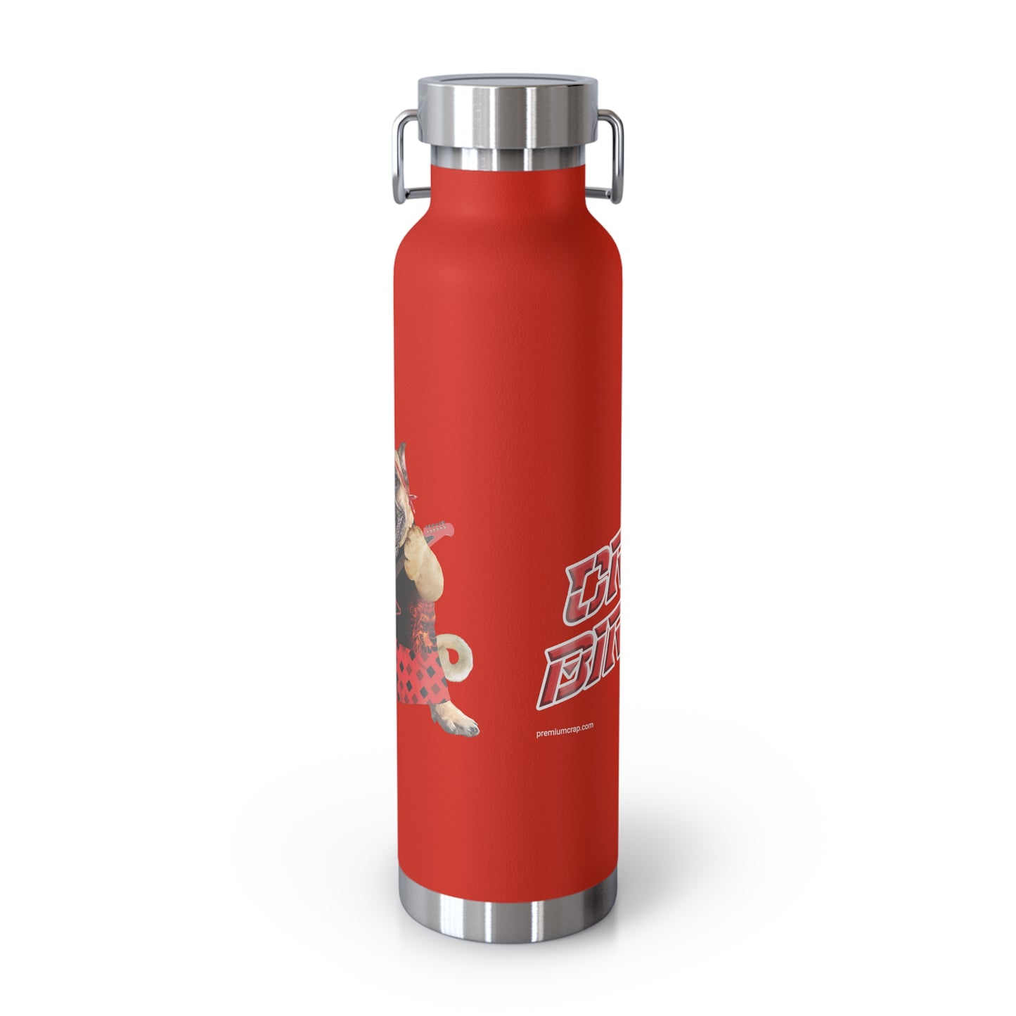 Red water bottle with silver cap and design on a white background