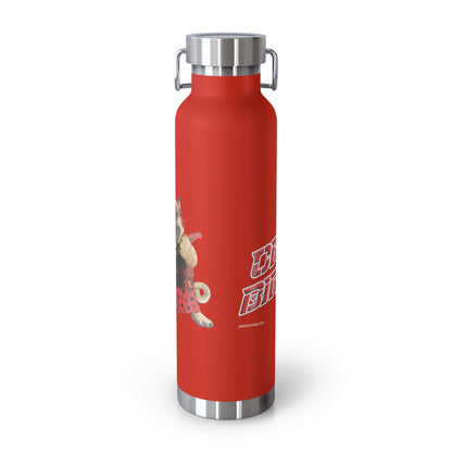 Red water bottle with silver cap and design on a white background