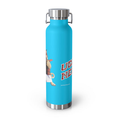 A bright blue insulated water bottle with stainless steel accents and a cartoon graphic on the side, shown on a clean white background.