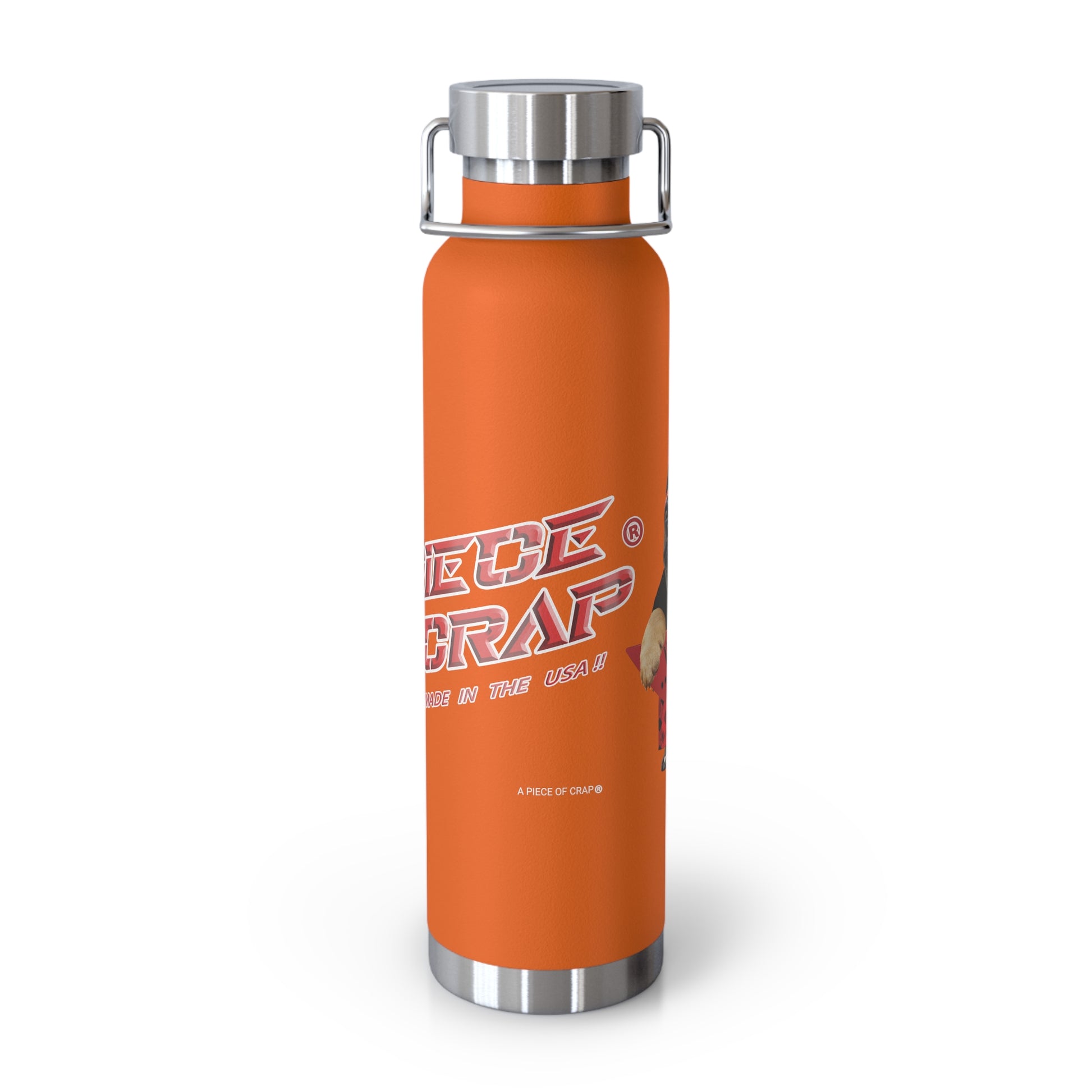 An orange insulated water bottle with a stainless steel lid and handle, featuring a 'A Piece of Crap' logo printed on the front, set against a plain white background.