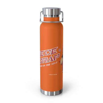 An orange insulated water bottle with a stainless steel lid and handle, featuring a 'A Piece of Crap' logo printed on the front, set against a plain white background.