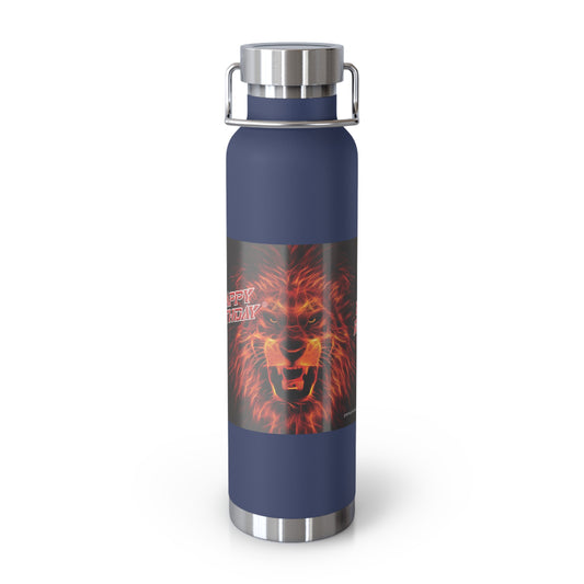 Navy blue water bottle with a fiery lion design on a white background