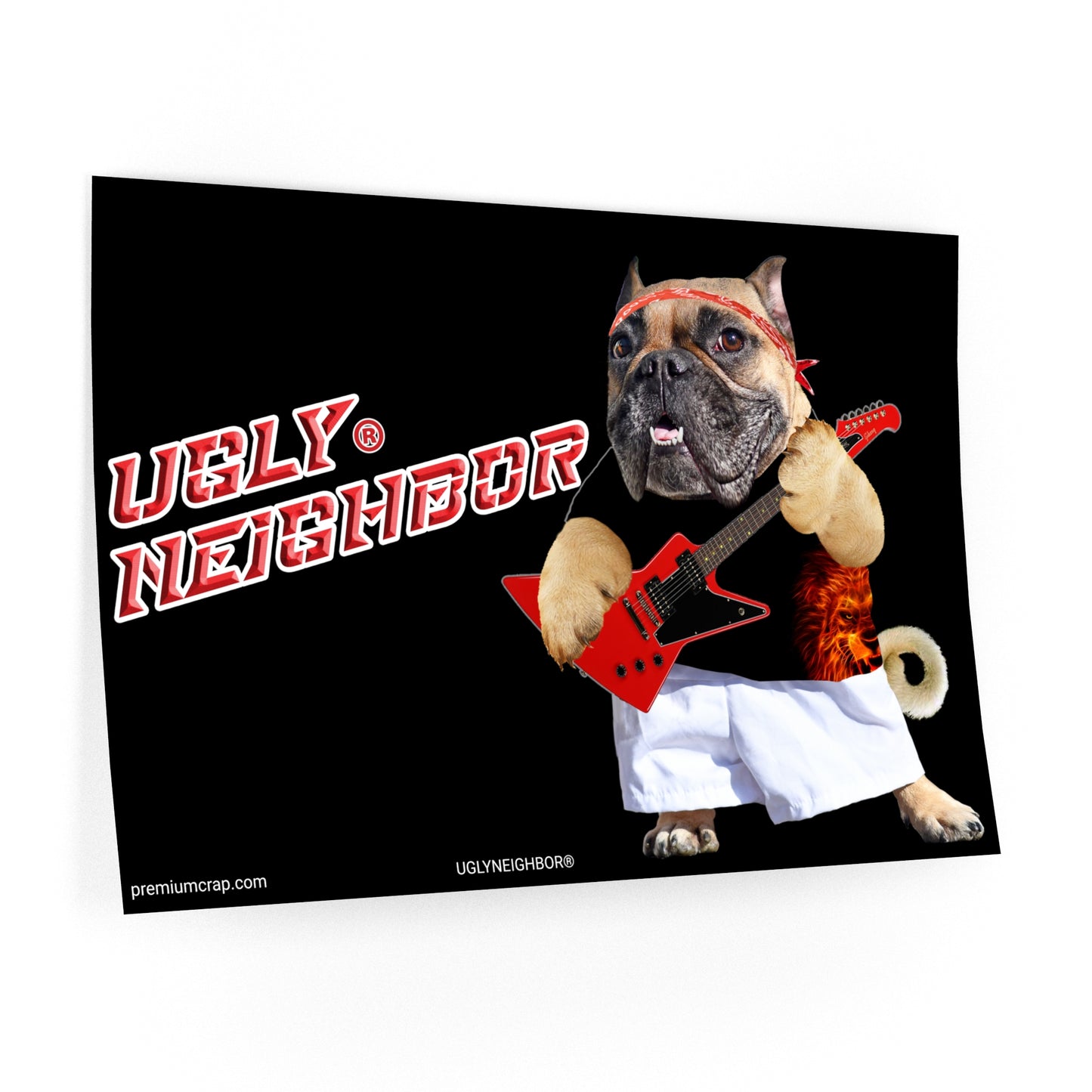 A rectangular printed graphic or poster on a white background, featuring a bulldog dressed as a rock star holding a red electric guitar with the text 'UGLY NEIGHBOR' in large red-and-white lettering on a black background.