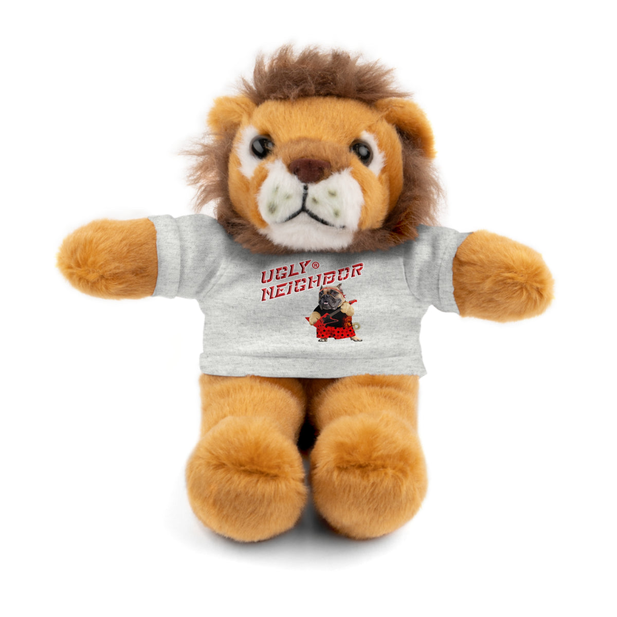 A plush lion toy with brown faux fur, a brown mane, and a light gray T-shirt printed with the words 'UGLY NEIGHBOR' in red and a small graphic, photographed on a white background.