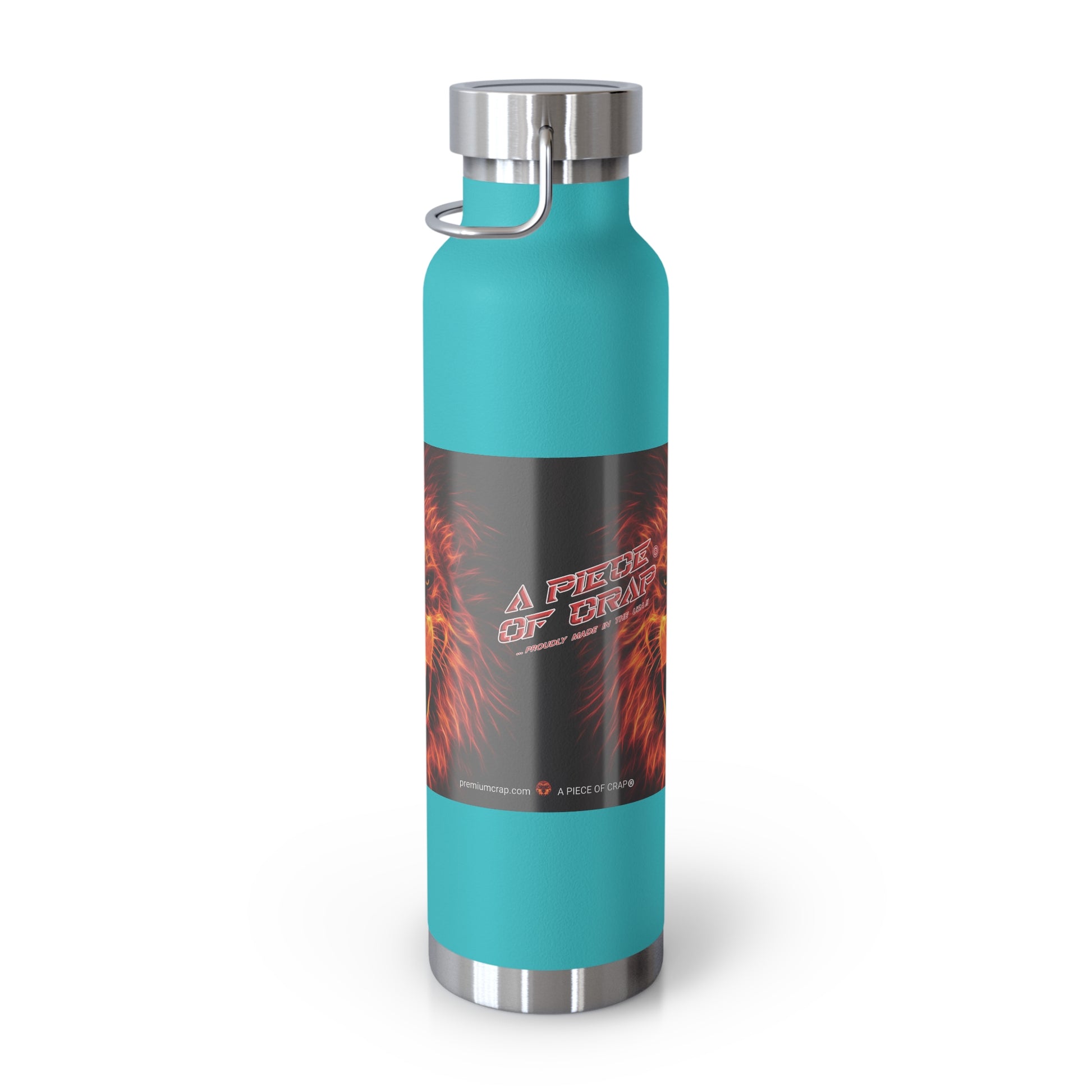 A 24 oz insulated water bottle with a matte teal body, a black and red graphic label reading 'A Piece of Crap', and stainless steel accents on the cap, base, and carrying loop, shown on a white background.