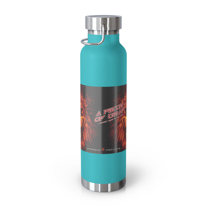 A 24 oz insulated water bottle with a matte teal body, a black and red graphic label reading 'A Piece of Crap', and stainless steel accents on the cap, base, and carrying loop, shown on a white background.