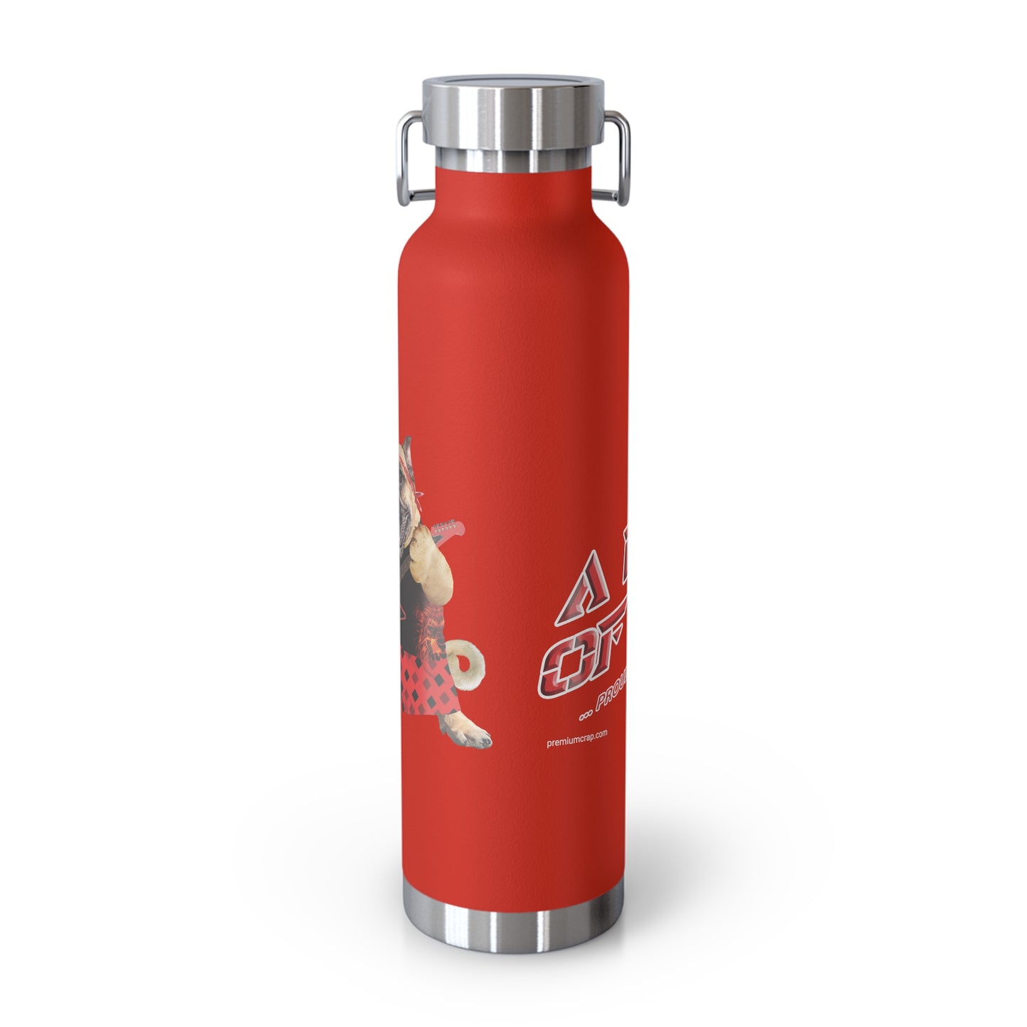 Red water bottle with a silver cap and a design on a white background