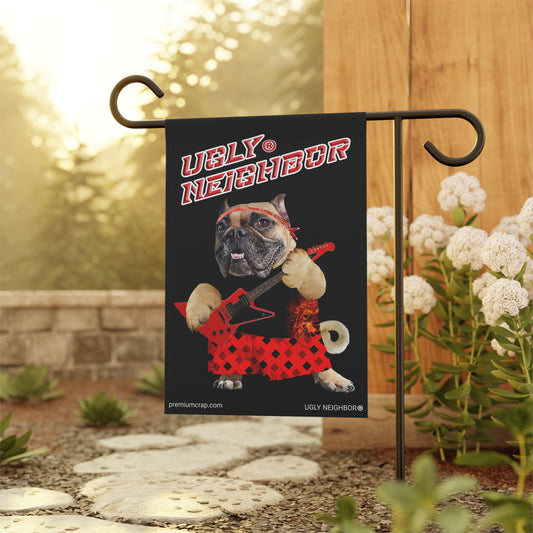 Garden flag with a dog wearing a bandana and guitar, labeled 'Ugly Neighbor', in a garden setting.