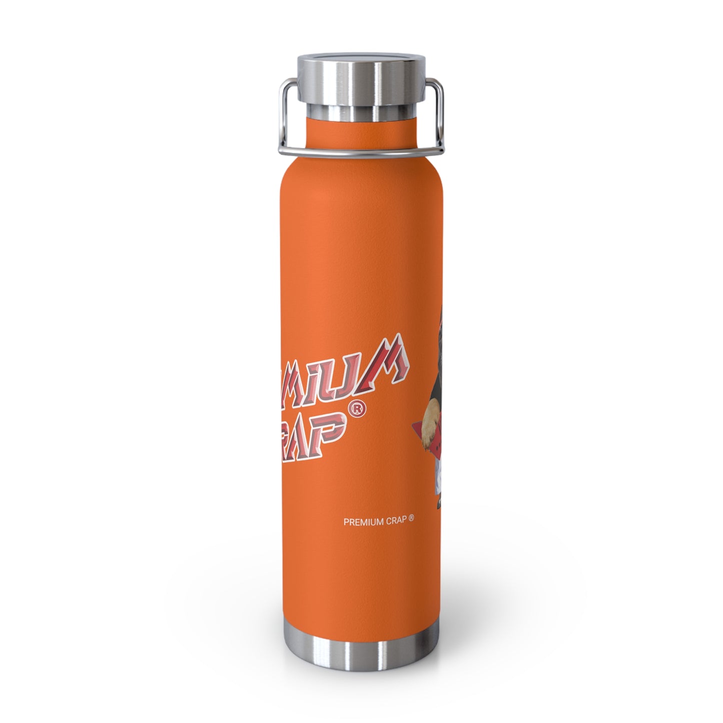 An orange insulated water bottle with a stainless steel lid and handle, featuring the 'Premium Crap' logo on the front, set against a plain white background.