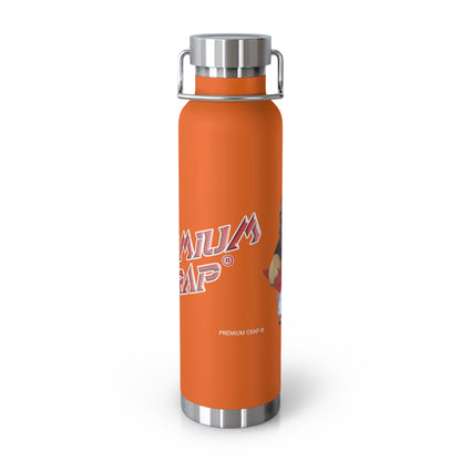 An orange insulated water bottle with a stainless steel lid and handle, featuring the 'Premium Crap' logo on the front, set against a plain white background.