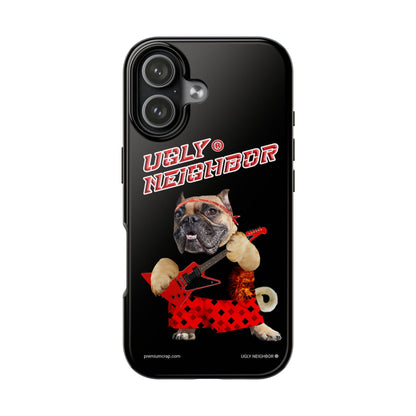Phone case with a dog wearing a red dress and 'Ugly Neighbor' text on a black background
