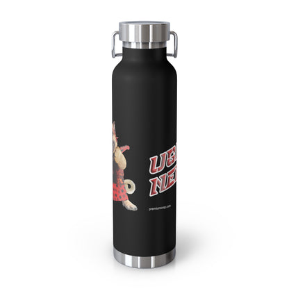 Black water bottle with a colorful design on a white background
