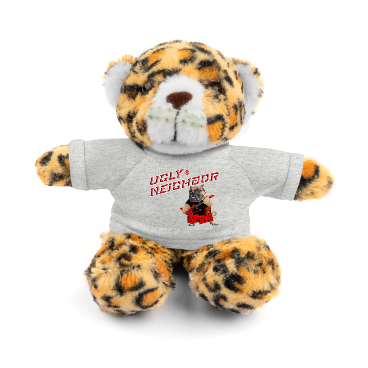 A plush tiger teddy bear wearing a light gray T-shirt with red text reading 'UGLY NEIGHBOR' and a small red-and-black graphic, photographed on a clean white background.