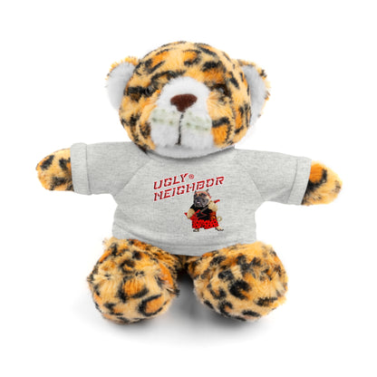 A plush tiger teddy bear wearing a light gray T-shirt with red text reading 'UGLY NEIGHBOR' and a small red-and-black graphic, photographed on a clean white background.