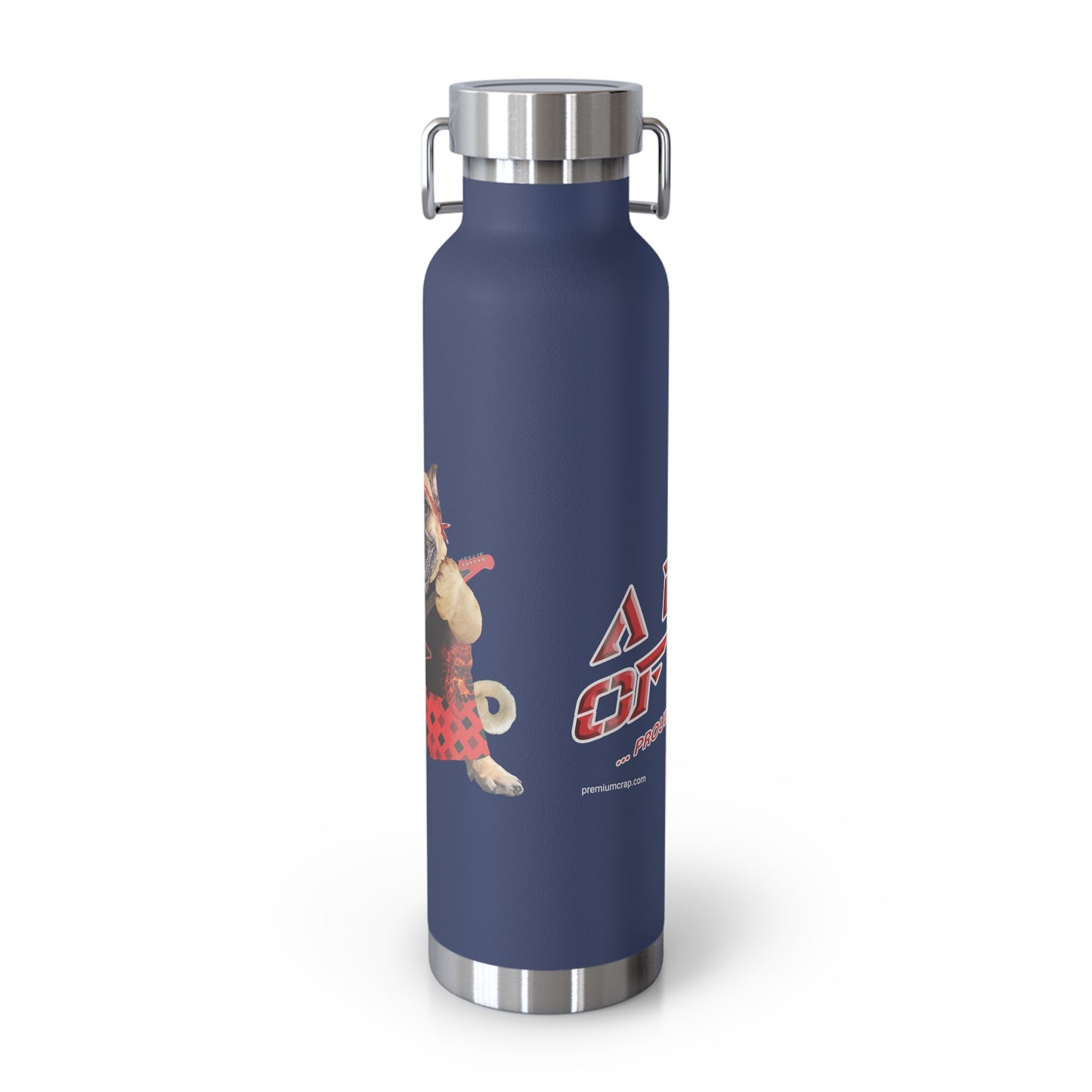 Navy blue water bottle with a design and logo on a white background