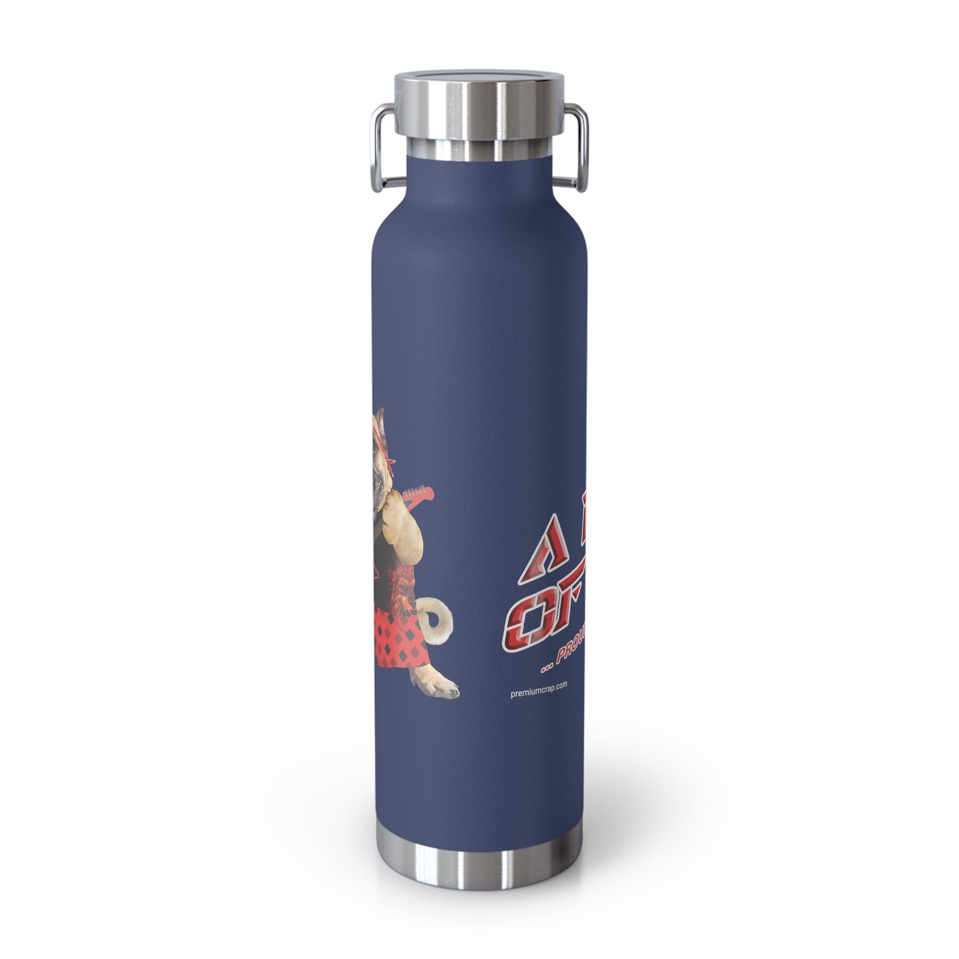 Navy blue water bottle with a design and logo on a white background