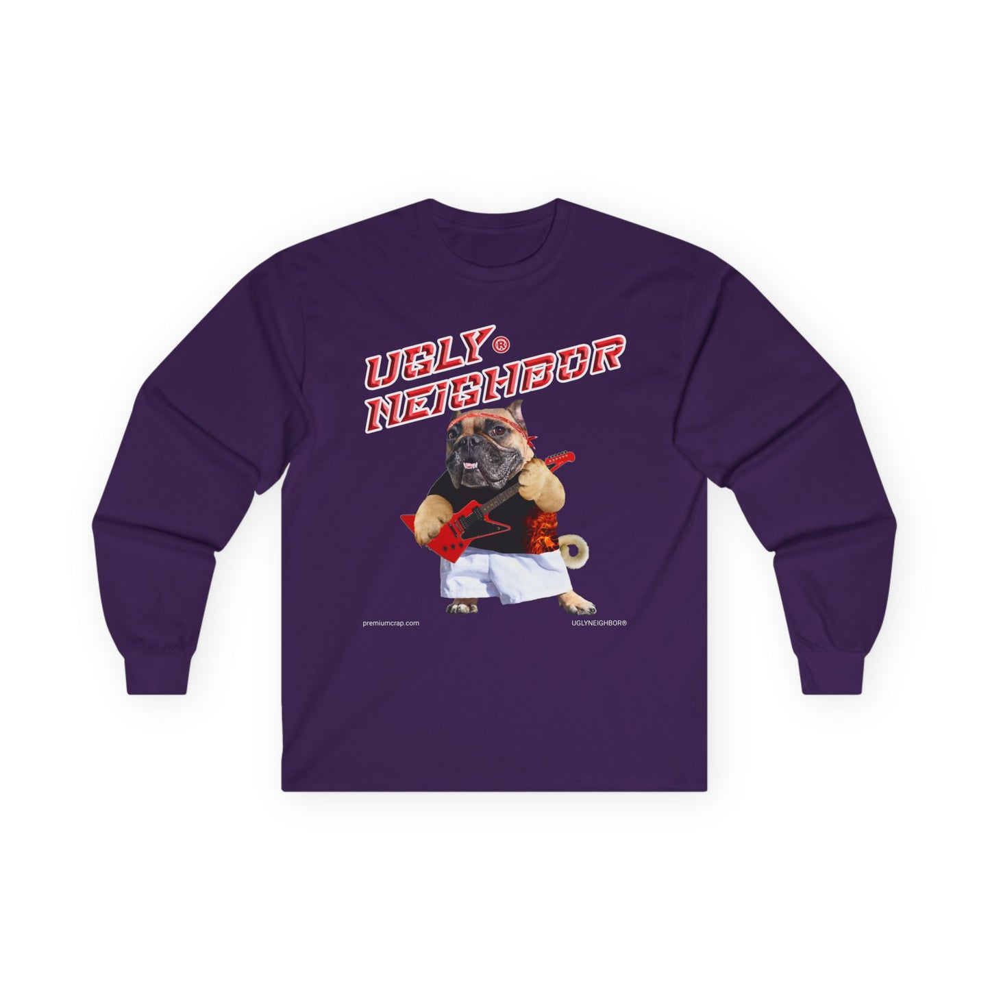 Purple long-sleeve shirt with a graphic of a dog and text on a white background