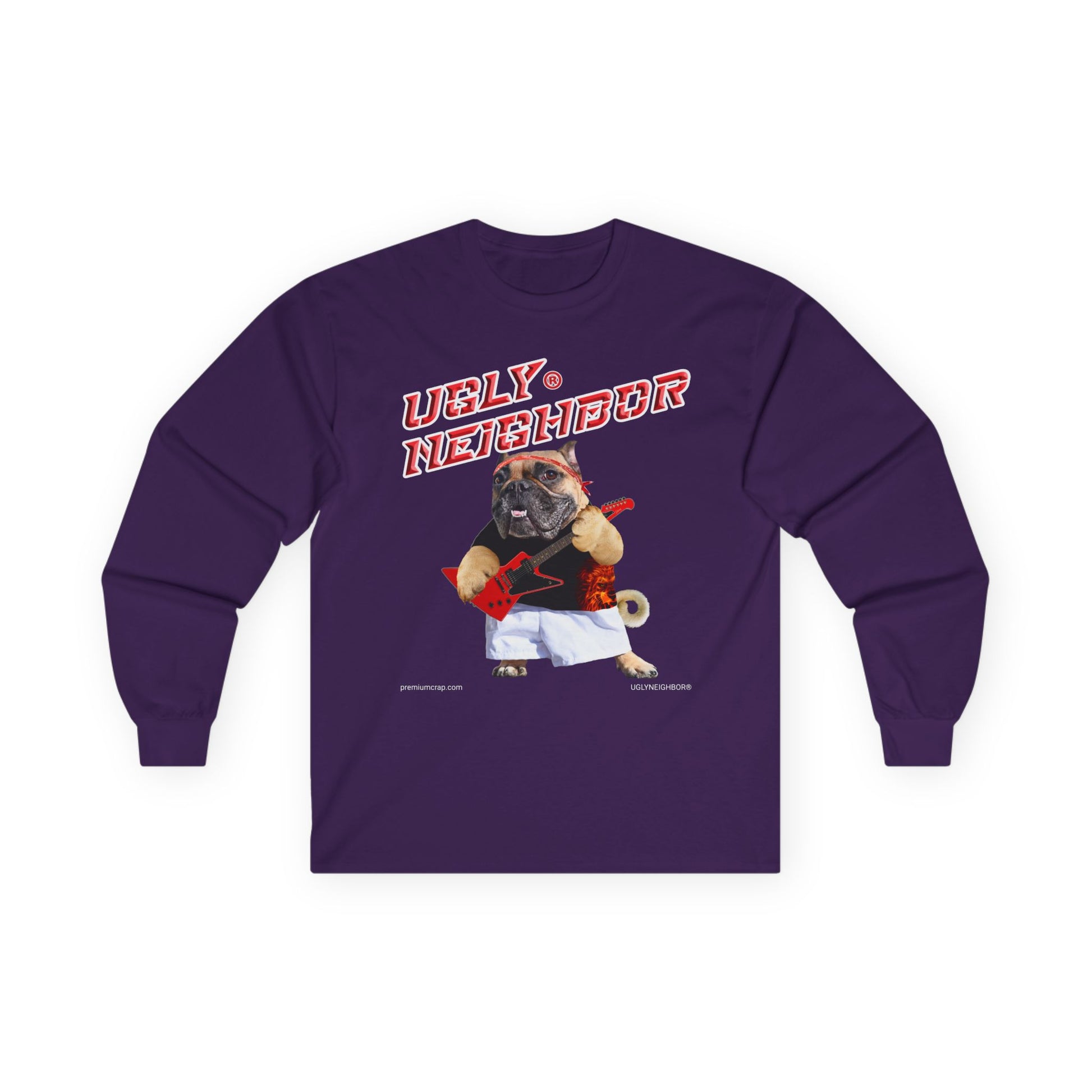 Purple long-sleeve shirt with a graphic of a dog and text on a white background