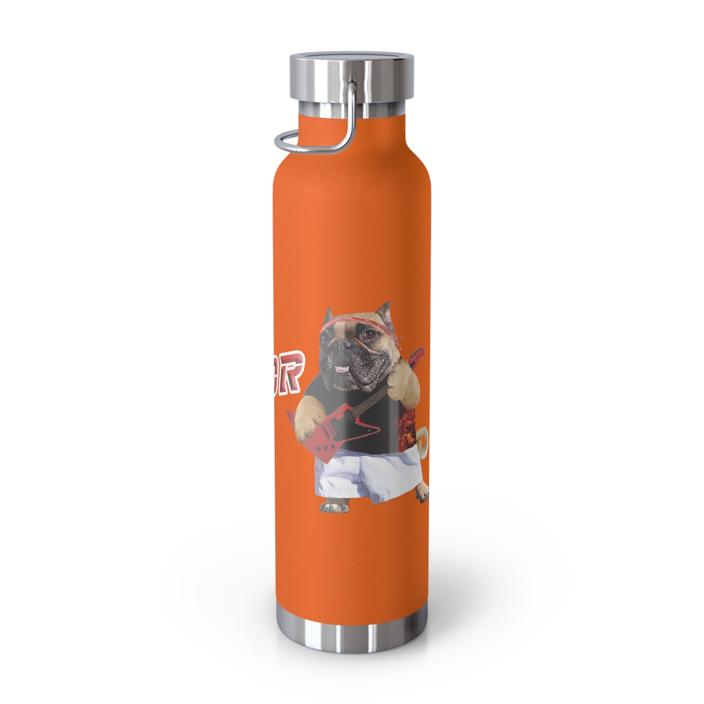 Orange water bottle with a graphic of a dog wearing a shirt and shorts on a white background