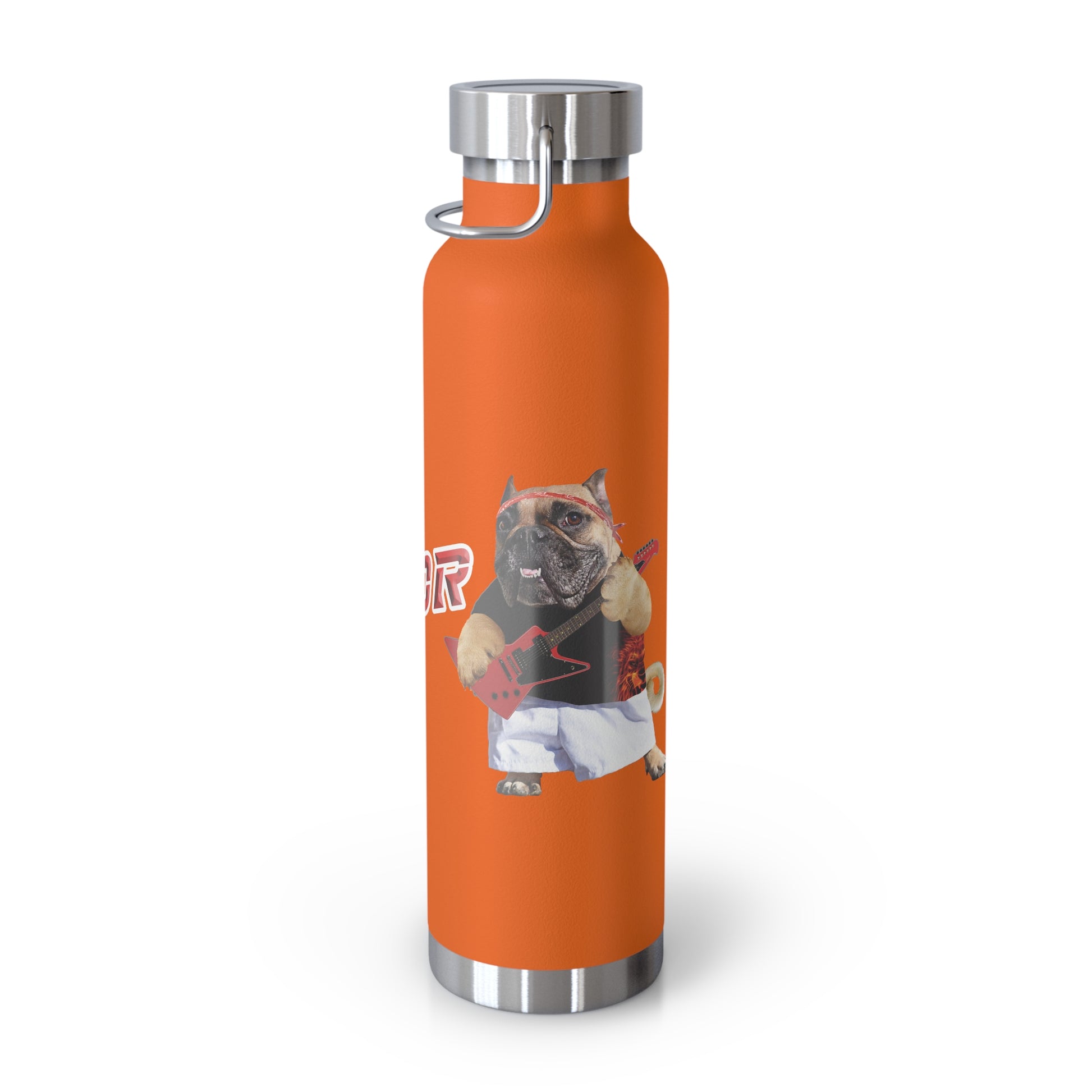 Orange water bottle with a graphic of a dog wearing a shirt and shorts on a white background