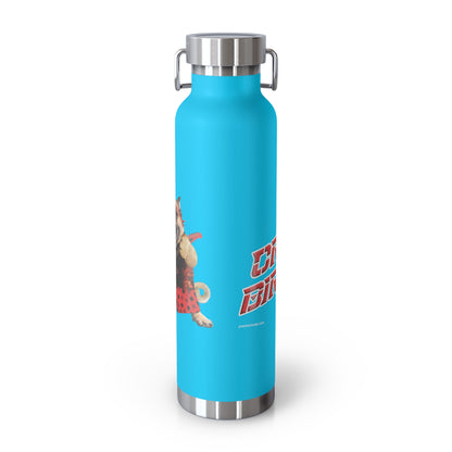 Blue water bottle with a graphic design on a white background