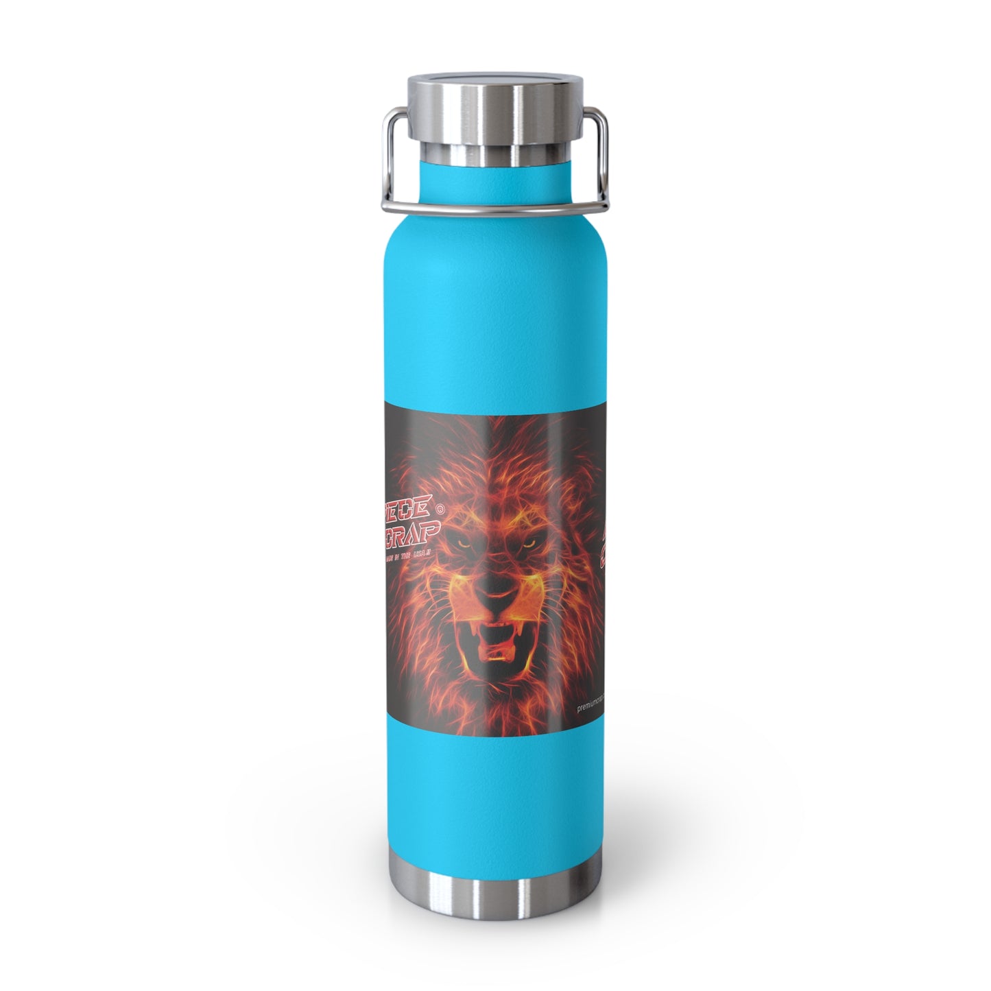 Blue water bottle with a label on a white background
