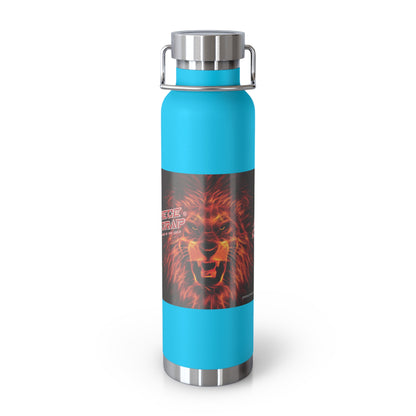 Blue water bottle with a label on a white background