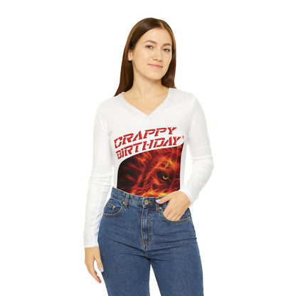 Crappy Birthday Chic Long Sleeve V-Neck Tee - White