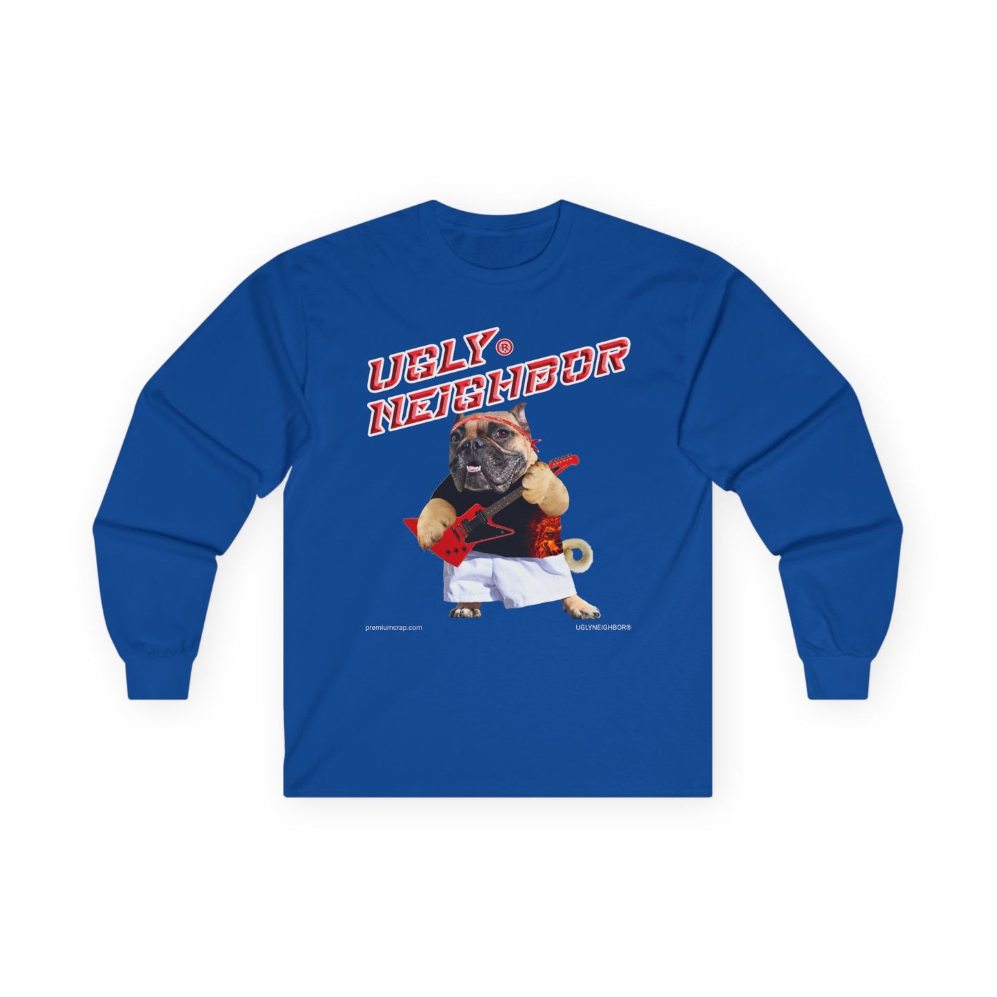 Blue long-sleeve shirt with a graphic of a pug and text 'Ugly Neighbor' on a white background