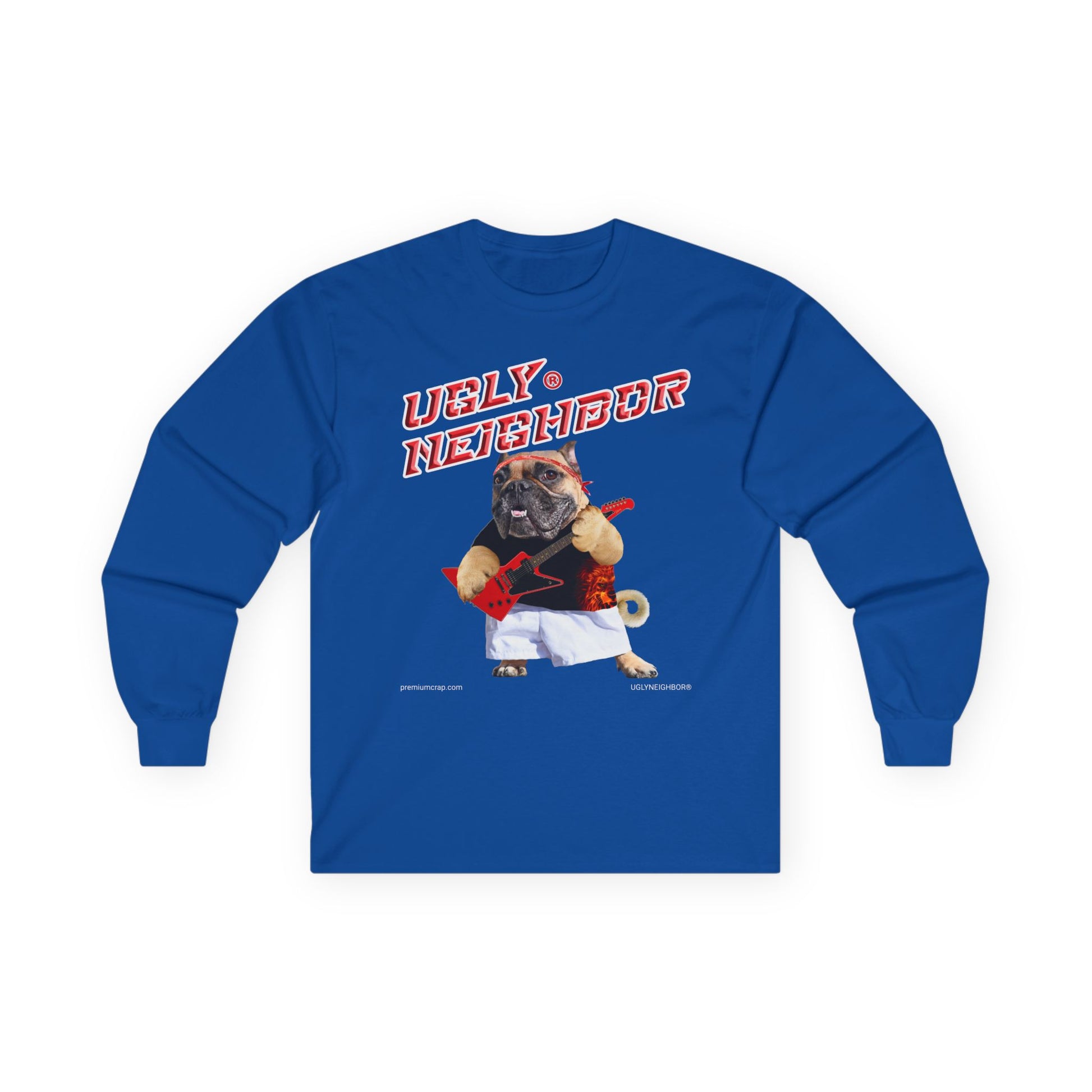 Blue long-sleeve shirt with a graphic of a pug and text 'Ugly Neighbor' on a white background