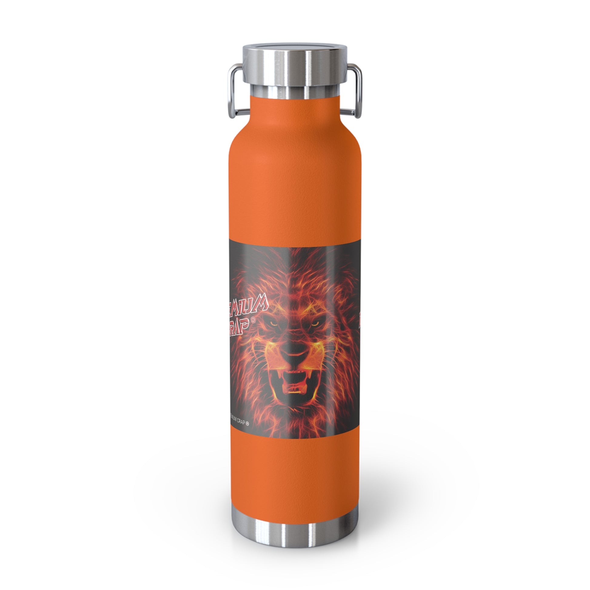 Orange water bottle with a lion graphic and 'Premium Crap' text on a white background