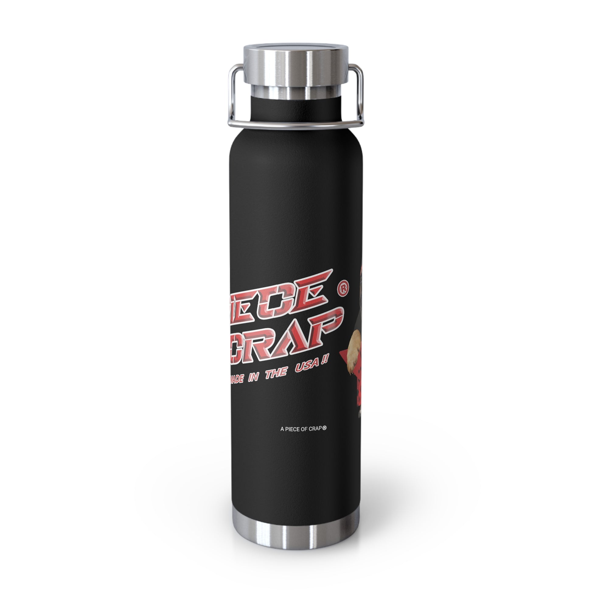 A black insulated water bottle with a silver metal lid and base, featuring a red and white graphic that reads 'A Piece of Crap' on the front, set against a plain white background.