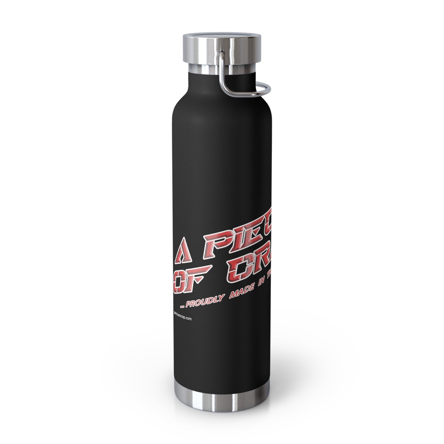 Black water bottle with red and white text on a white background