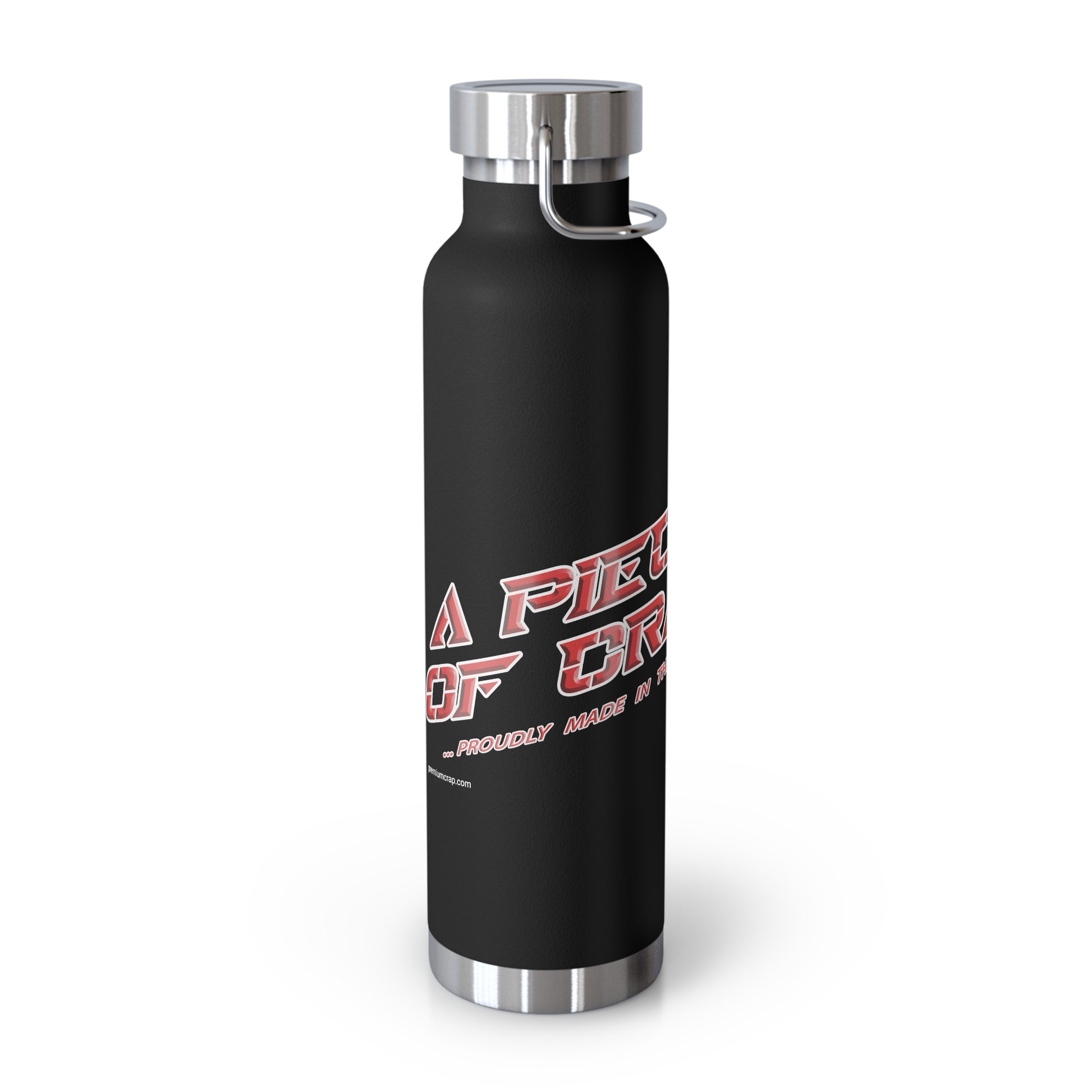 Black water bottle with red and white text on a white background