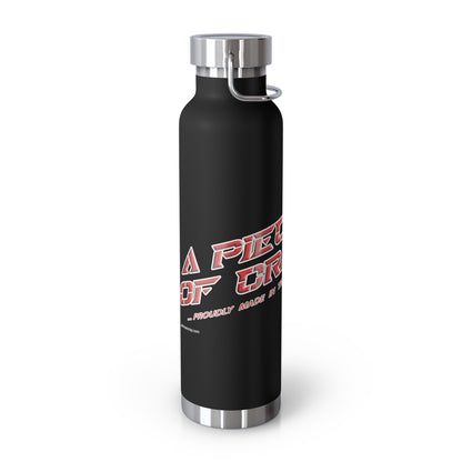 Black water bottle with red and white text on a white background