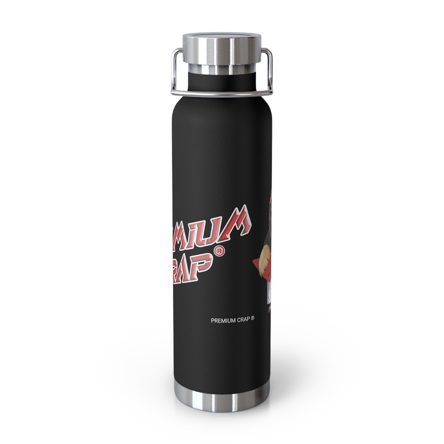 A black insulated water bottle with a silver metal lid and base, featuring the red and white 'Premium Crap' logo on the front, set against a plain white background.