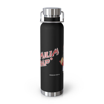 A black insulated water bottle with a silver metal lid and base, featuring the red and white 'Premium Crap' logo on the front, set against a plain white background.