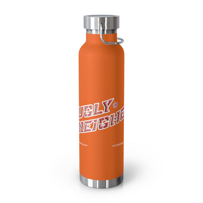 Orange water bottle with silver lid and handle on a white background