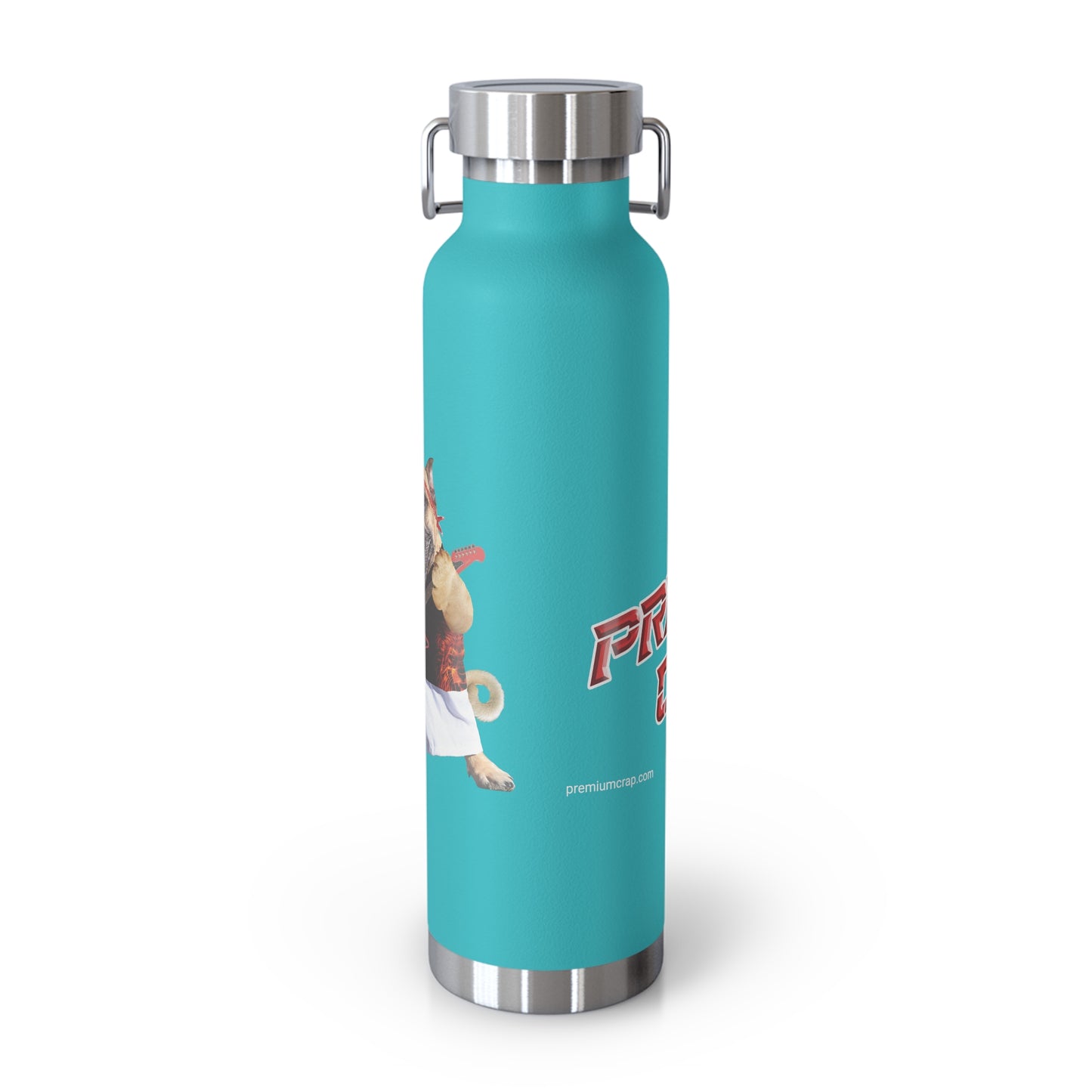 A turquoise insulated water bottle with stainless steel accents and a cartoon character graphic on the front, shown on a clean white background.