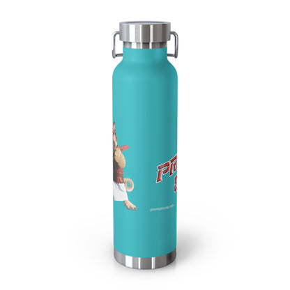 A turquoise insulated water bottle with stainless steel accents and a cartoon character graphic on the front, shown on a clean white background.