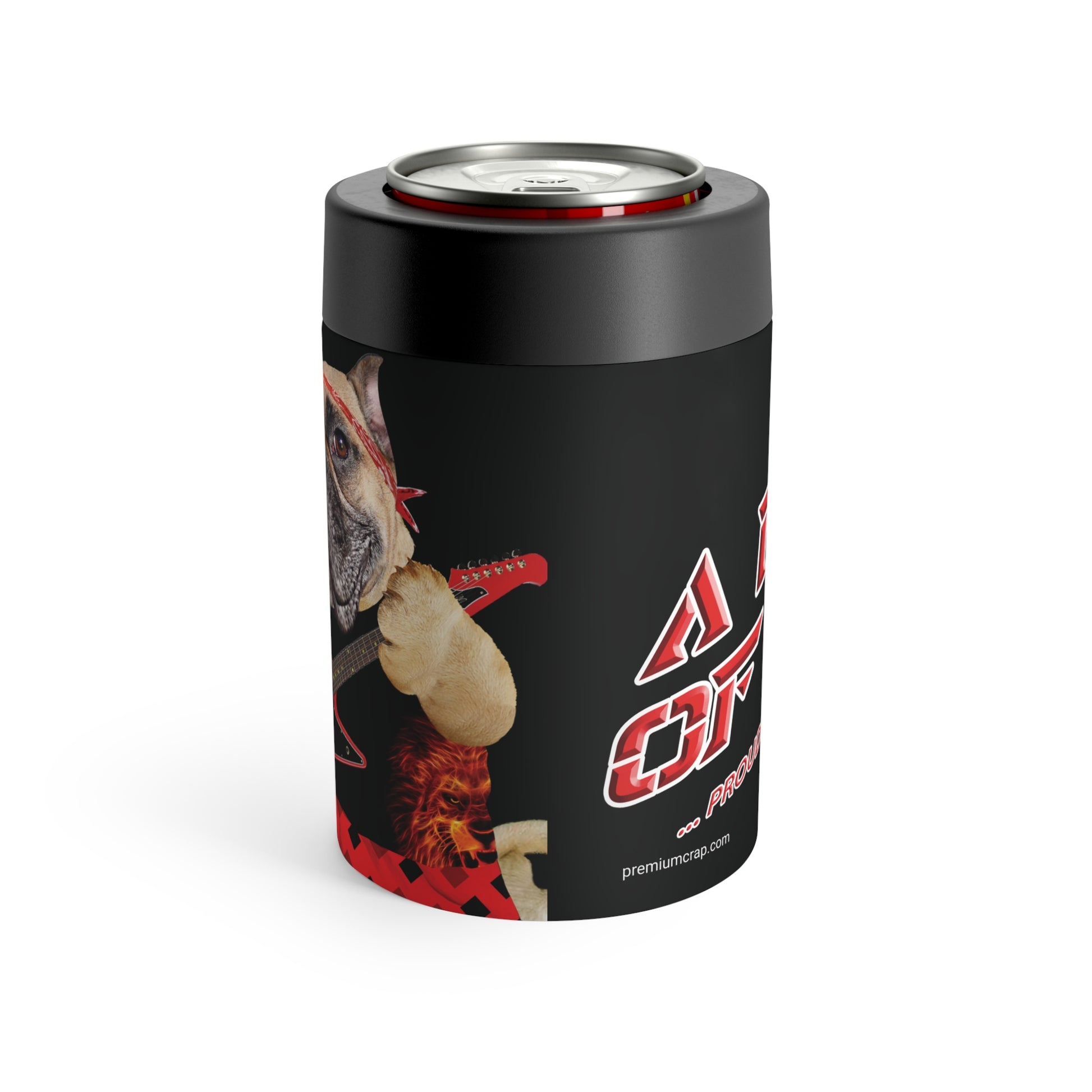 Black can cooler with a graphic design on a white background