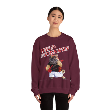 Person wearing a maroon sweatshirt with a graphic of a pug and text on a white background