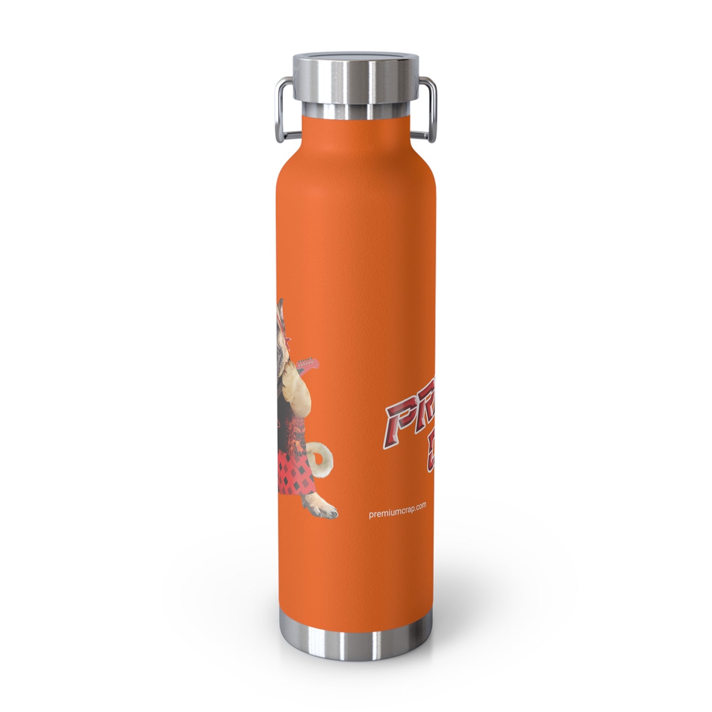 Orange water bottle with silver cap and a graphic design on a white background